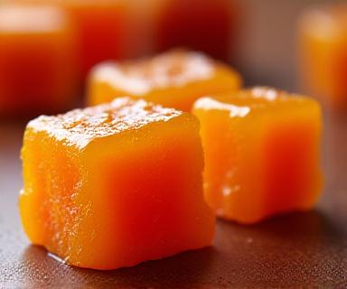 Spicy chili mango caramel candies with vibrant orange glaze