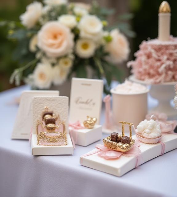 Custom branded chocolate favour boxes arranged for a wedding reception