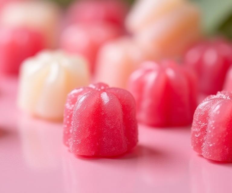 Dragon fruit lychee artisan chews in vivid pink and white tones