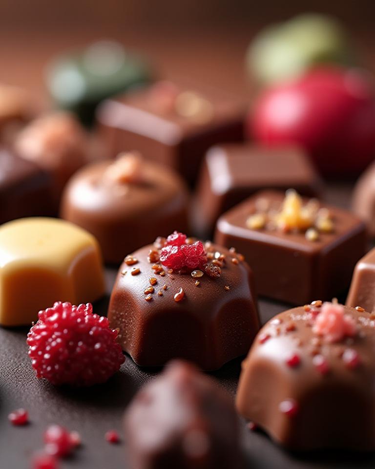 Artisan gourmet chocolates and handcrafted candies displayed elegantly